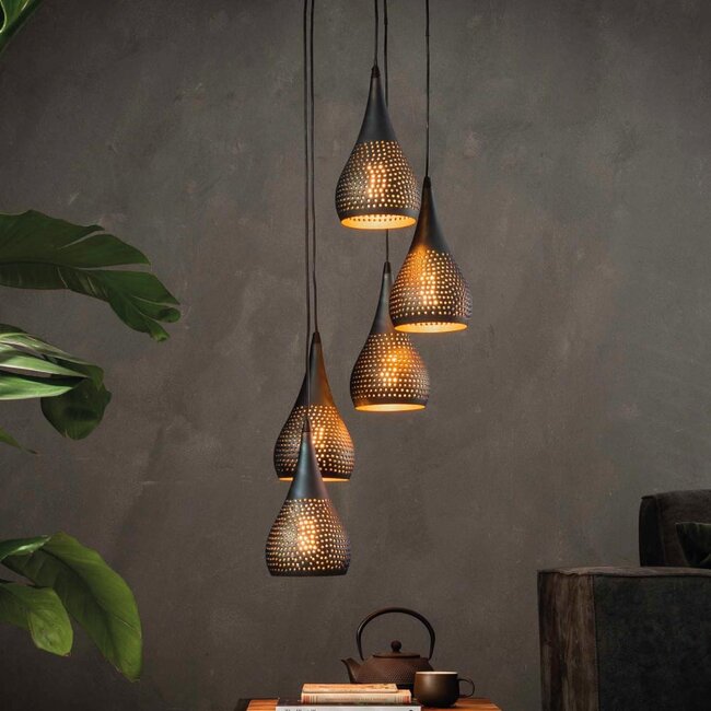 HELDR! Hanglamp Oddo 5L - Zwart/Bruin