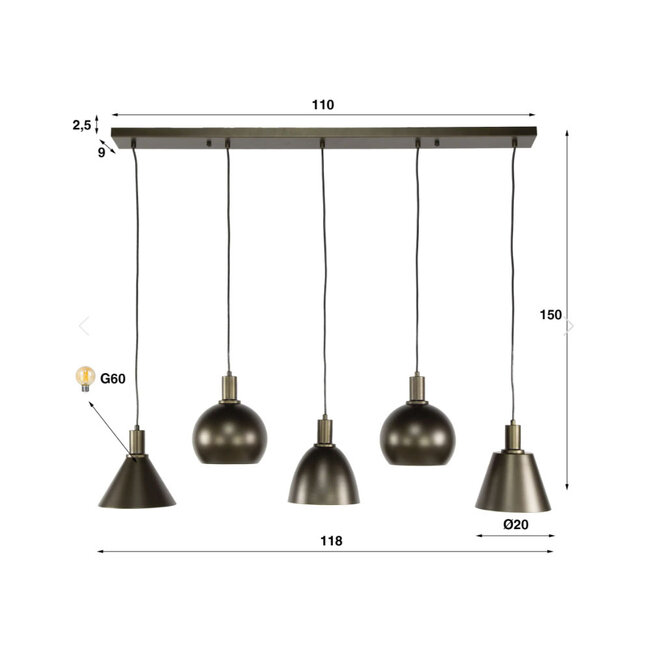 HELDR! Hanglamp Adani 5L - Bruin/Brons