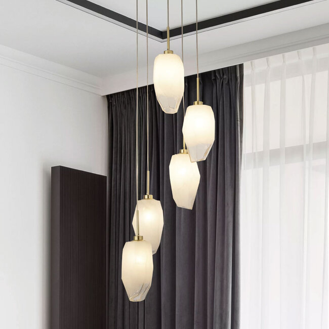 Searchlight Hanglamp Rocky 5L Rond - Goud/Rookglas