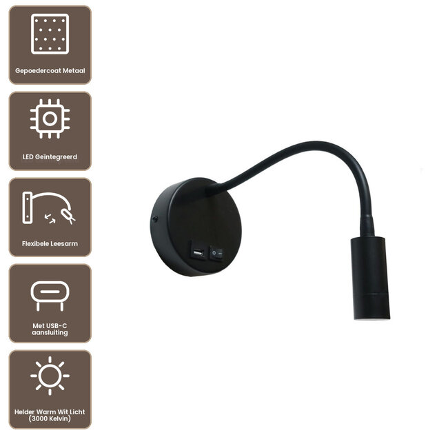 Artdelight Wandlamp Flex USB - Zwart