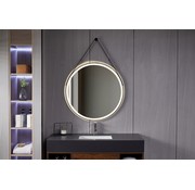 Spiegel rond 80 cm met trendy riem zwart frame, inbouw led verlichting en anti-condens