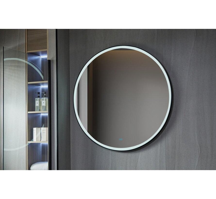 Spiegel rond 60 cm met zwart frame, led verlichting en anti condens