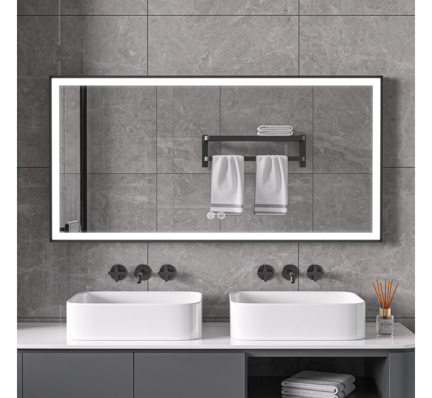 Spiegel met zwart frame, led, anticondens 60 x 120 cm