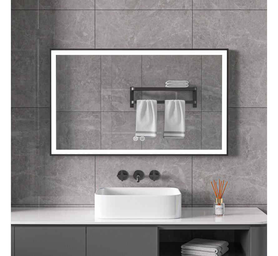 Spiegel met zwart frame, led, anticondens 60 x 100 cm