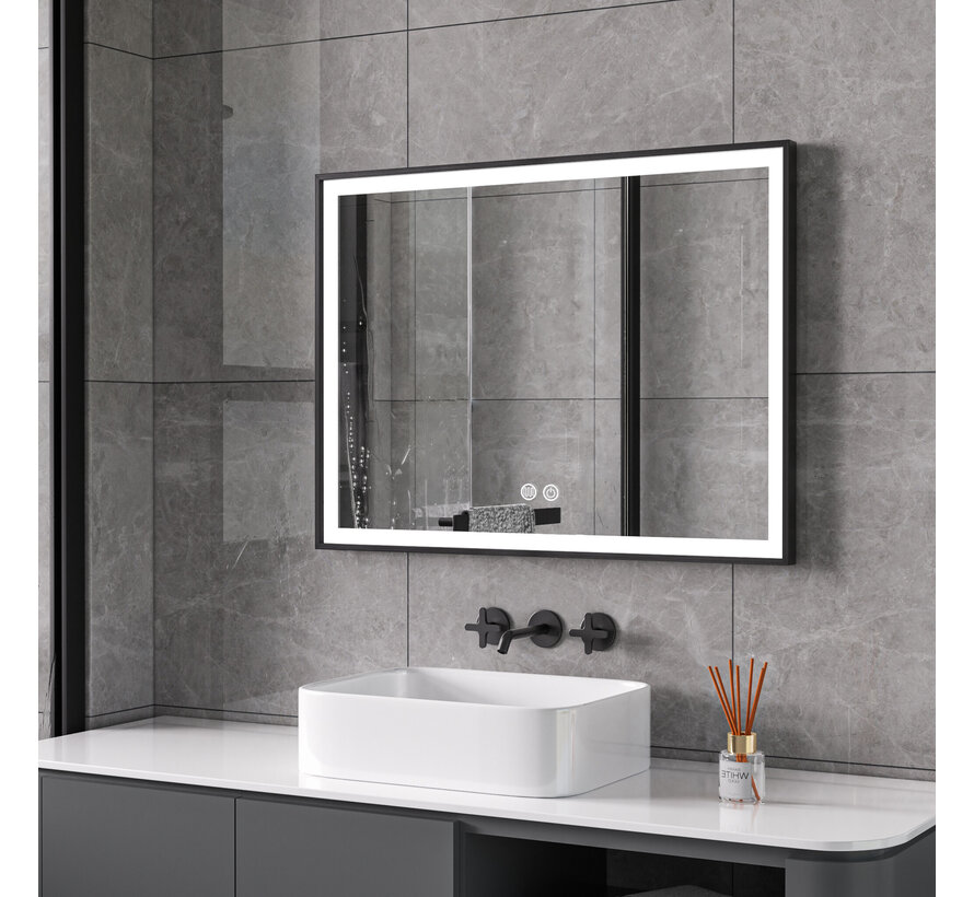 Spiegel met zwart frame, led, anticondens 60 x 60 cm