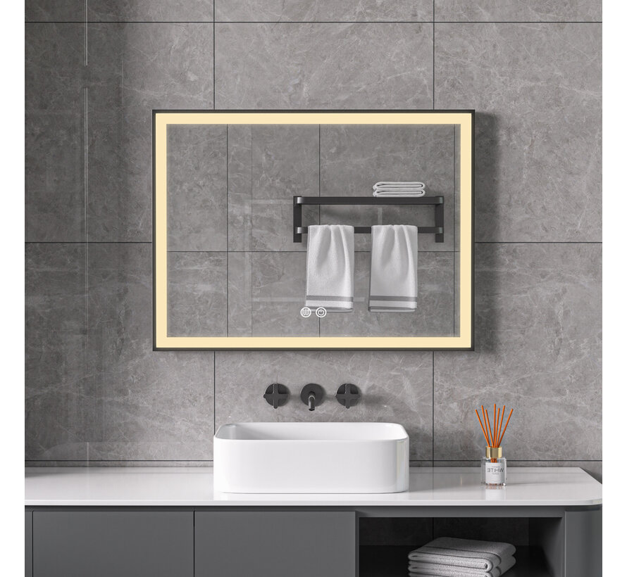 Spiegel met zwart frame, led, anticondens 60 x 60 cm