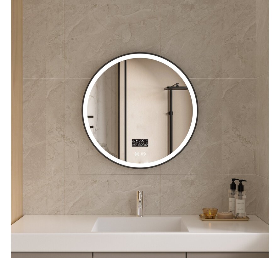 Smart spiegel rond 80cm zwart frame met led verlichting, anti-condens en wifi