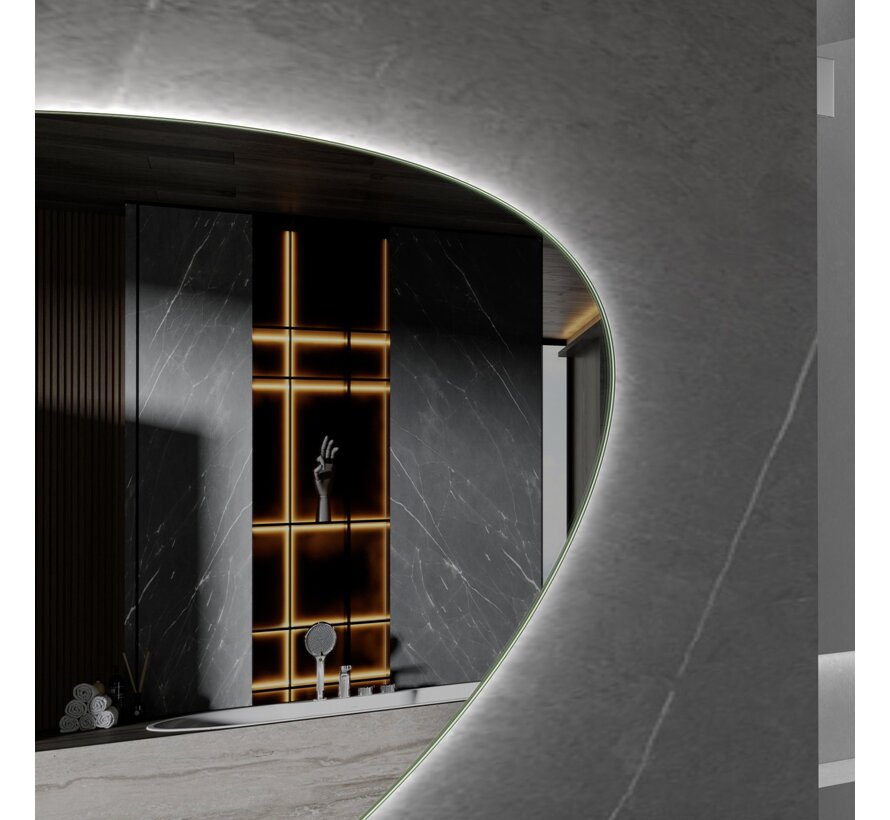 Spiegel asymmetrisch organische led verlichting en anti-condens 140 cm breed en 75 cm hoog