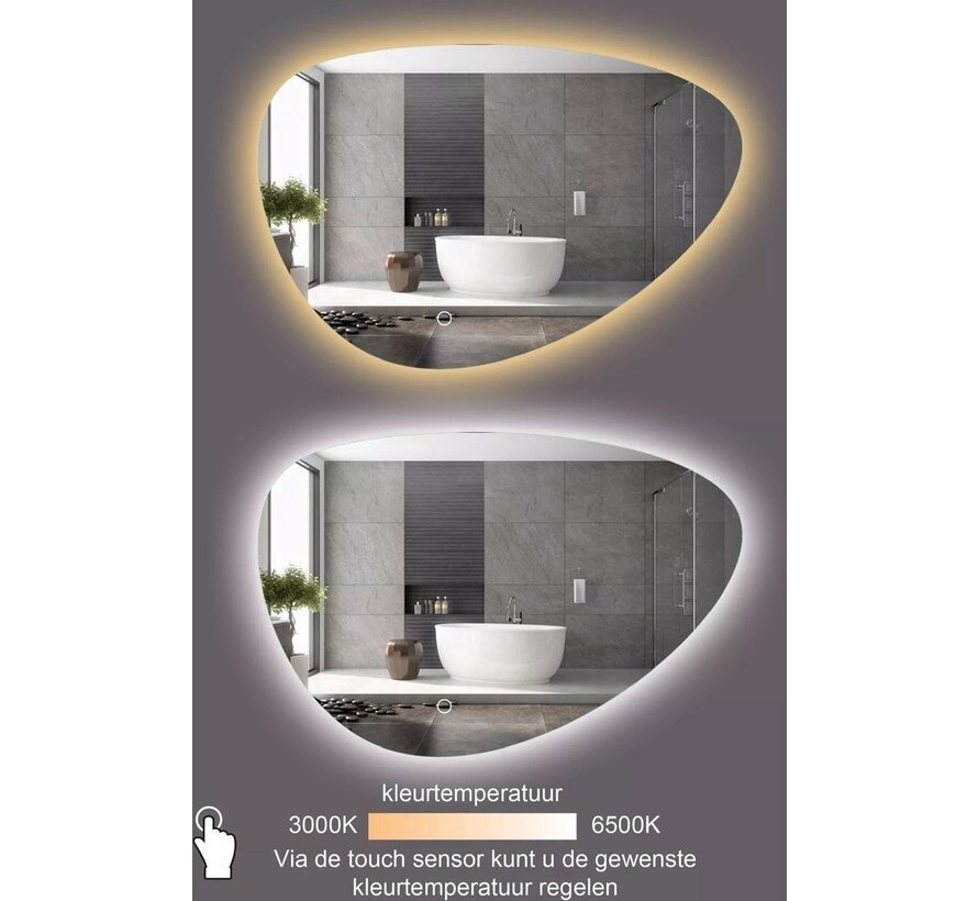 Spiegel asymmetrisch organische led verlichting en anti-condens 120 cm breed en 75 cm hoog