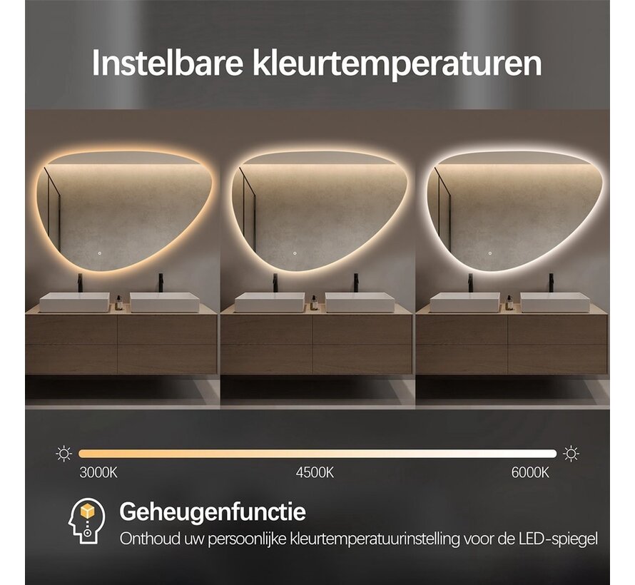 Spiegel asymmetrisch organische led verlichting en anti-condens 90 cm breed en 60 cm hoog