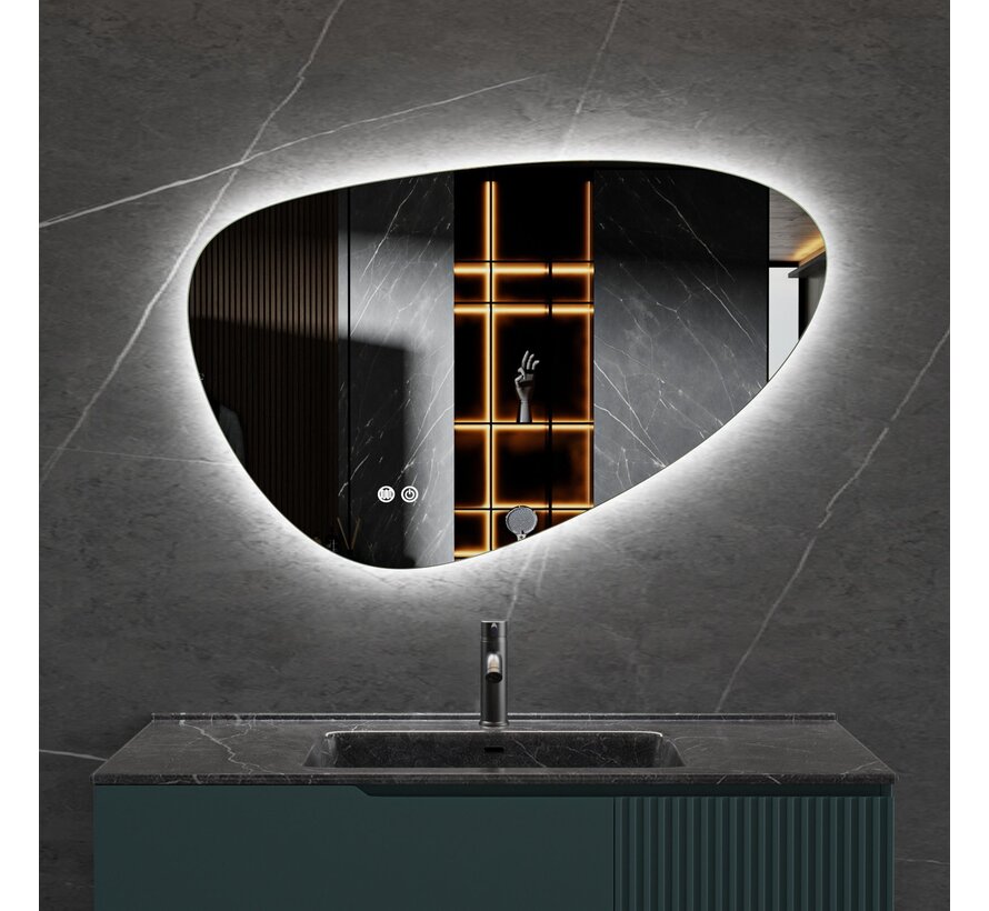 Spiegel asymmetrisch organische led verlichting en anti-condens 90 cm breed en 60 cm hoog