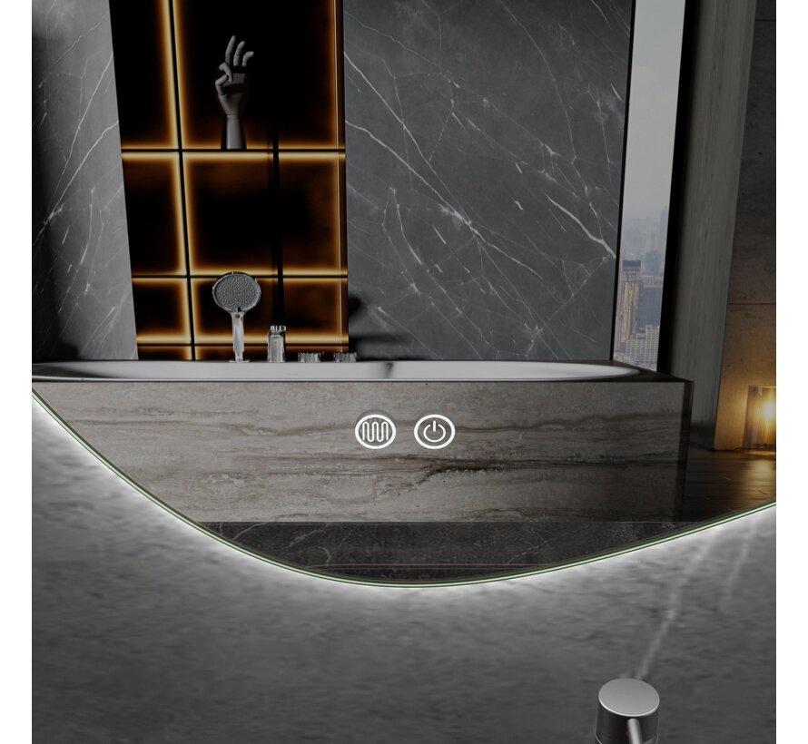 Spiegel asymmetrisch organische led verlichting en anti-condens 90 cm breed en 60 cm hoog