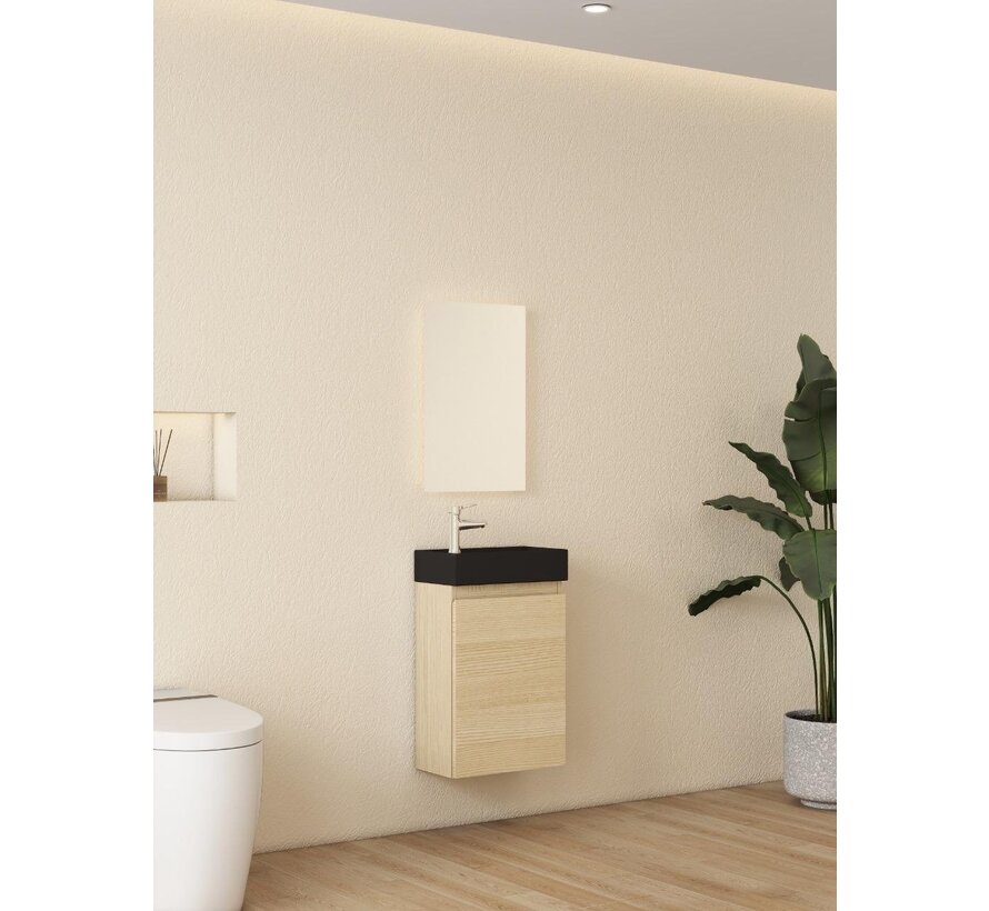 Nurion Toiletmeubel Nora - mat zwart basin en licht houten kast - 41 x 22,5 x 65 cm