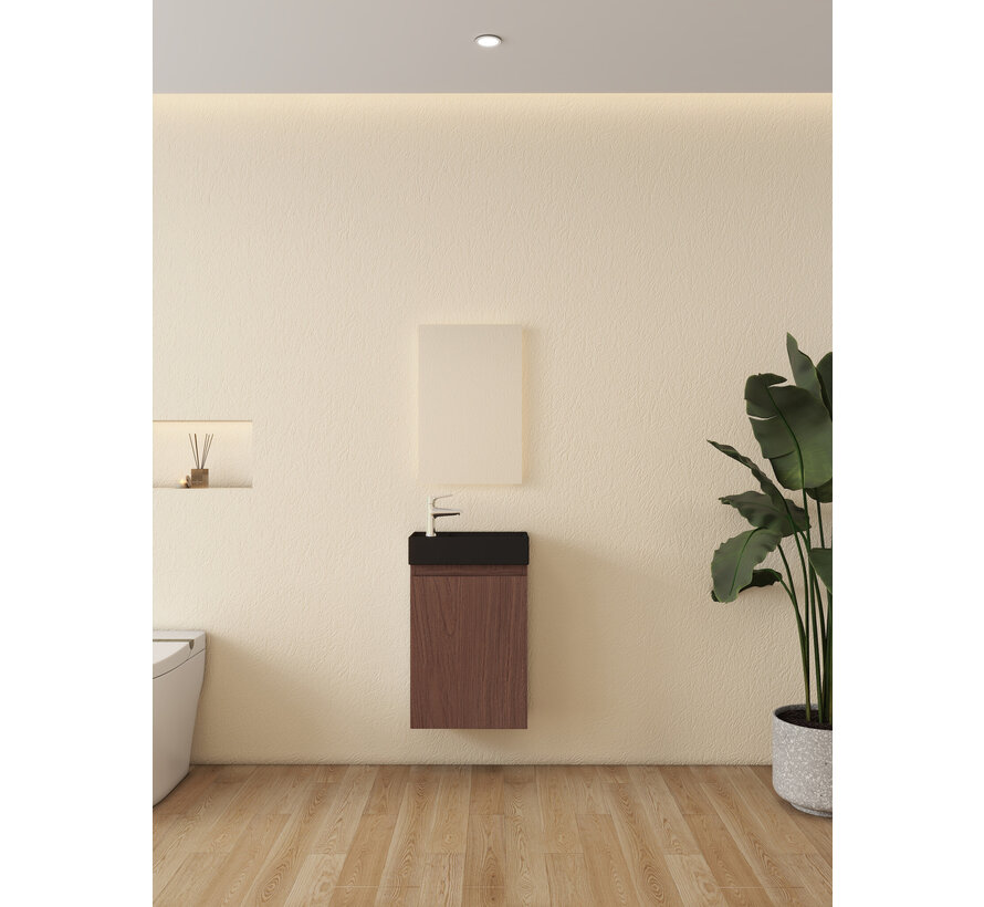 Nurion Toiletmeubel Jule - mat zwarte basin en dinker houten kast - 41 x 22,5 x 65 cm