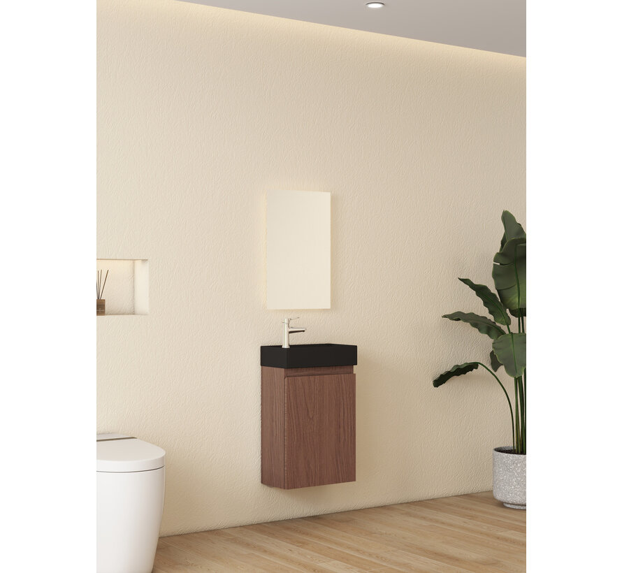 Nurion Toiletmeubel Jule - mat zwarte basin en dinker houten kast - 41 x 22,5 x 65 cm