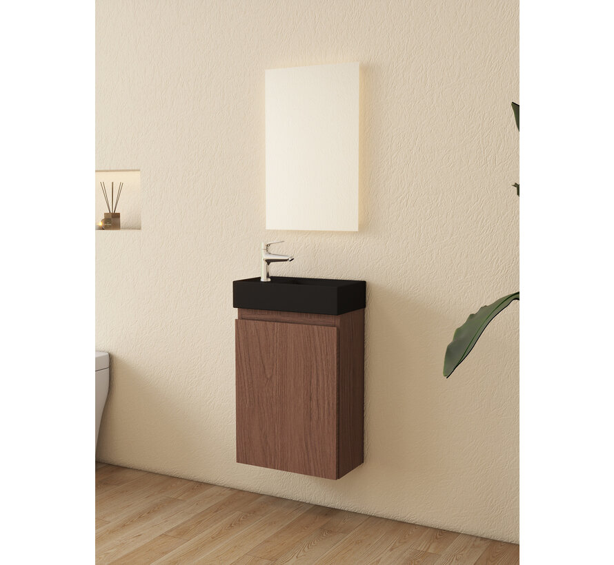 Nurion Toiletmeubel Jule - mat zwarte basin en dinker houten kast - 41 x 22,5 x 65 cm