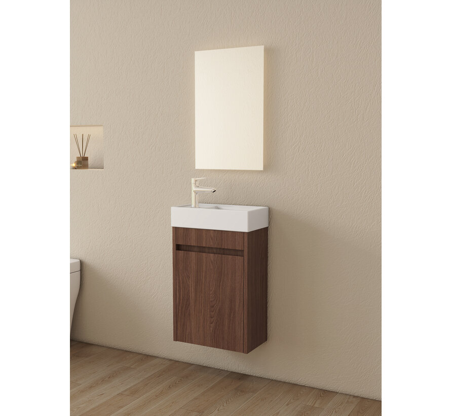 Nurion Toiletmeubel Vince - glanzend witte basin en donker houten kast - 41 x 22,5 x 65 cm
