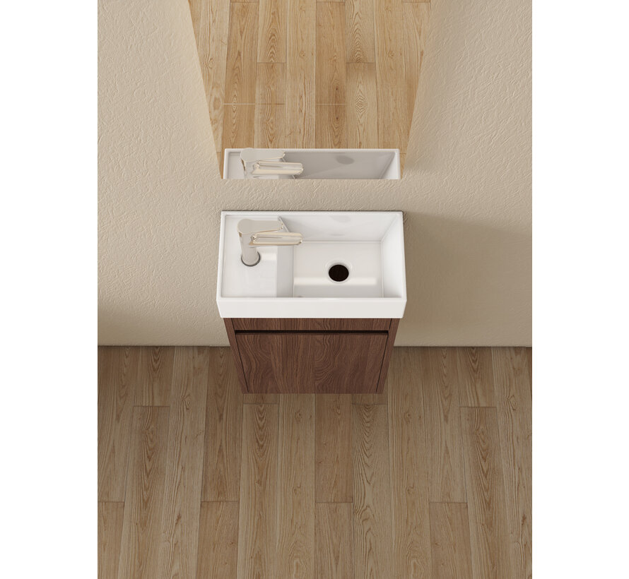 Nurion Toiletmeubel Vince - glanzend witte basin en donker houten kast - 41 x 22,5 x 65 cm