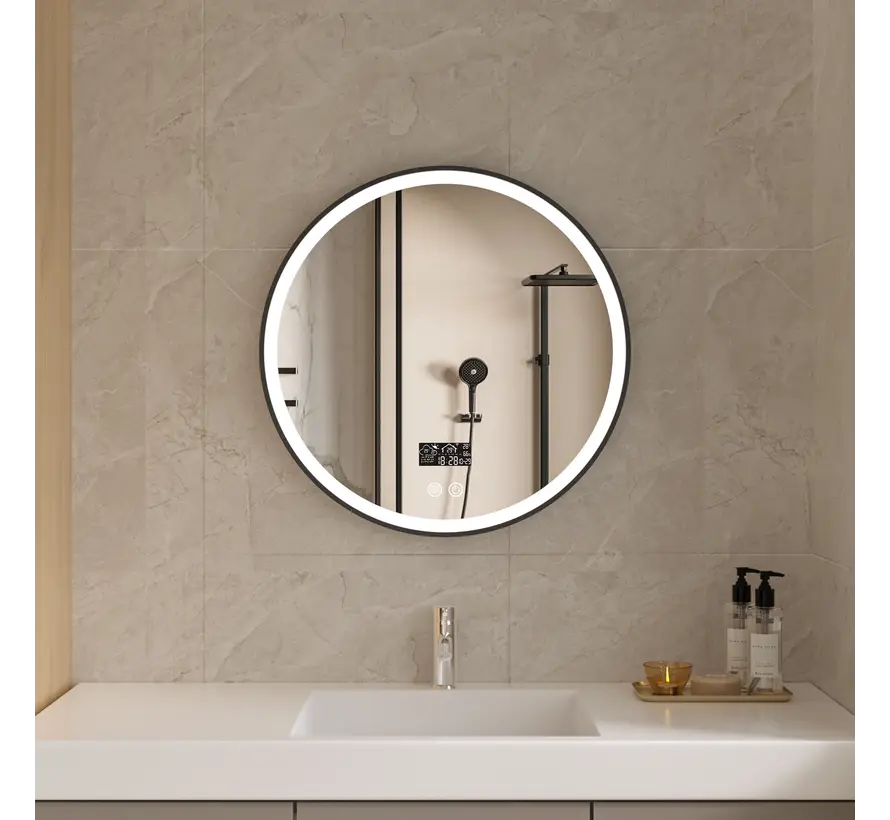 Smart spiegel rond 60 cm zwart frame met led verlichting, anti-condens en wifi