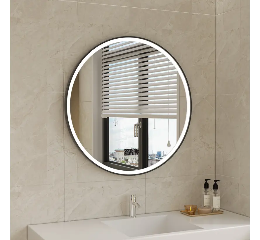 Smart spiegel rond 80cm zwart frame met led verlichting, anti-condens en wifi