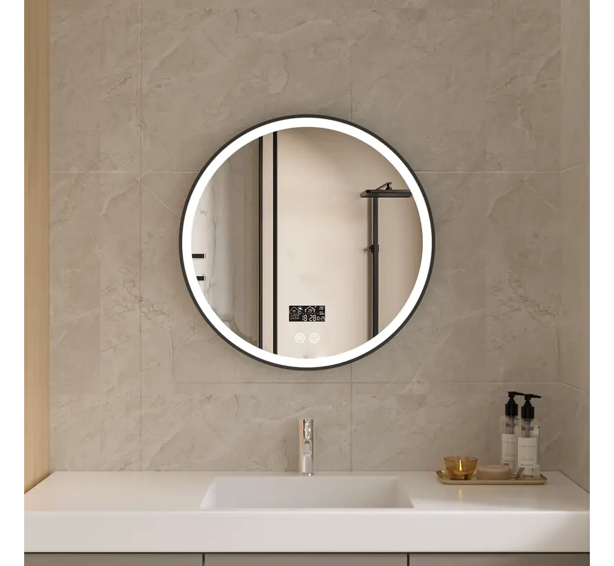 Smart spiegel rond 80cm zwart frame met led verlichting, anti-condens en wifi