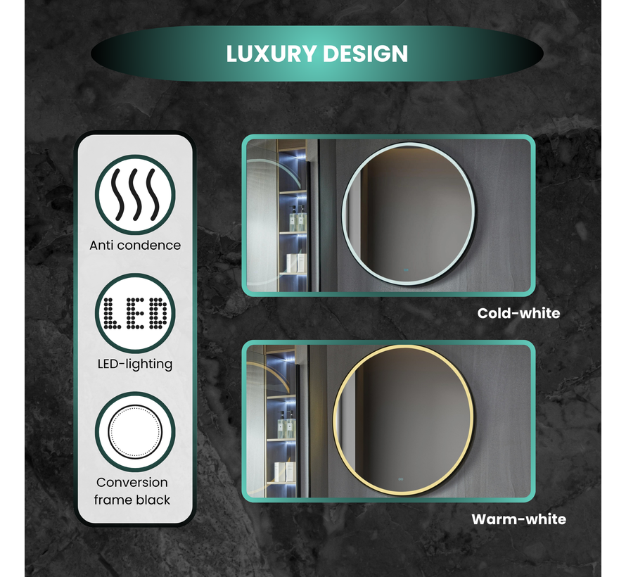 Smart spiegel rond 100cm zwart frame met led verlichting, anti-condens en wifi