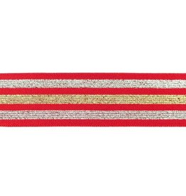 Elastiek  rood gelijnd lurex zilver-goud-zilver 40mm