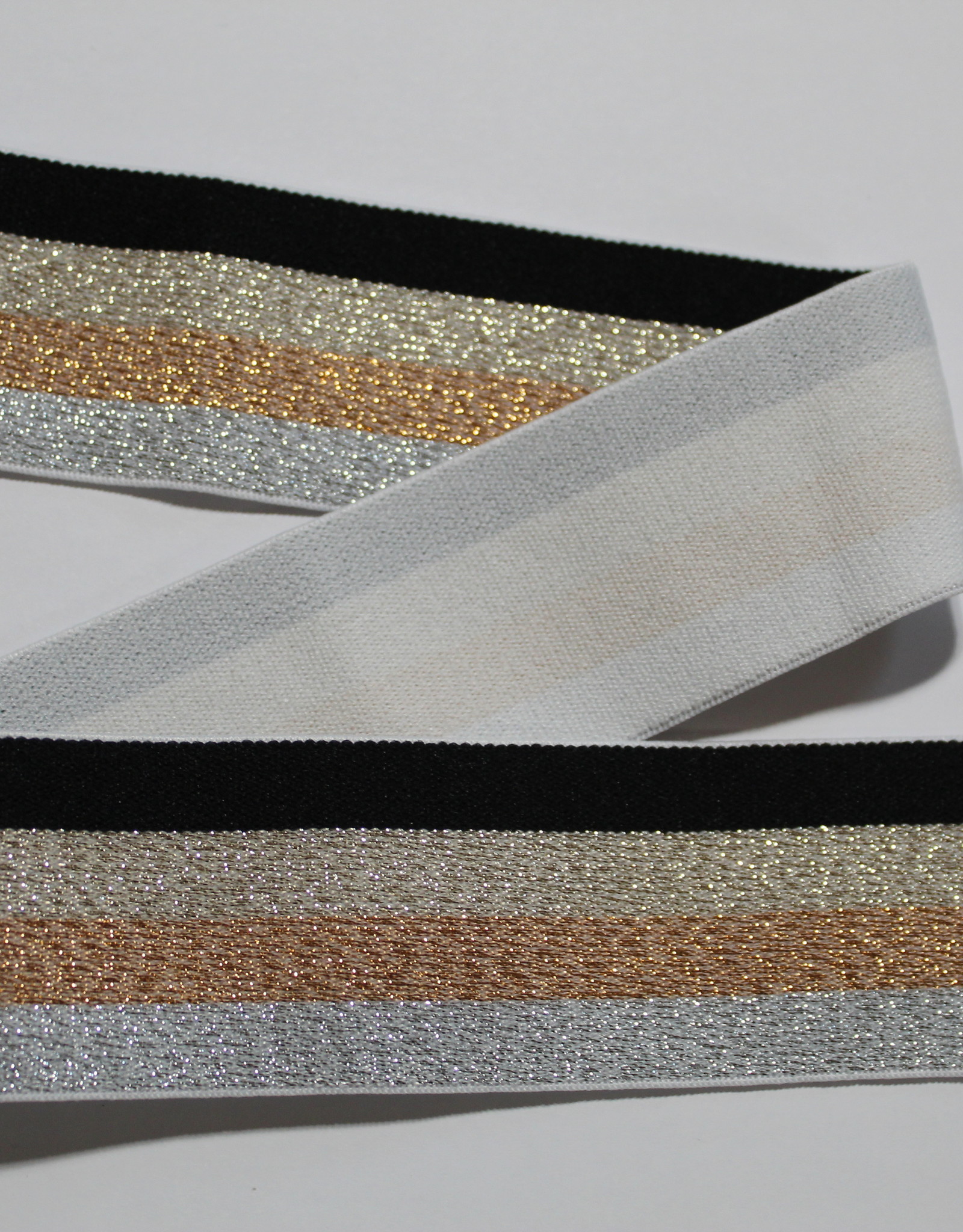 Elastiek zwart goud zilver gestreept glitters 40mm