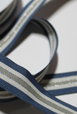 Ripslint tricolore 22mm jeansblauw/offwhite/lichtkaki met zilveren lurex lijn
