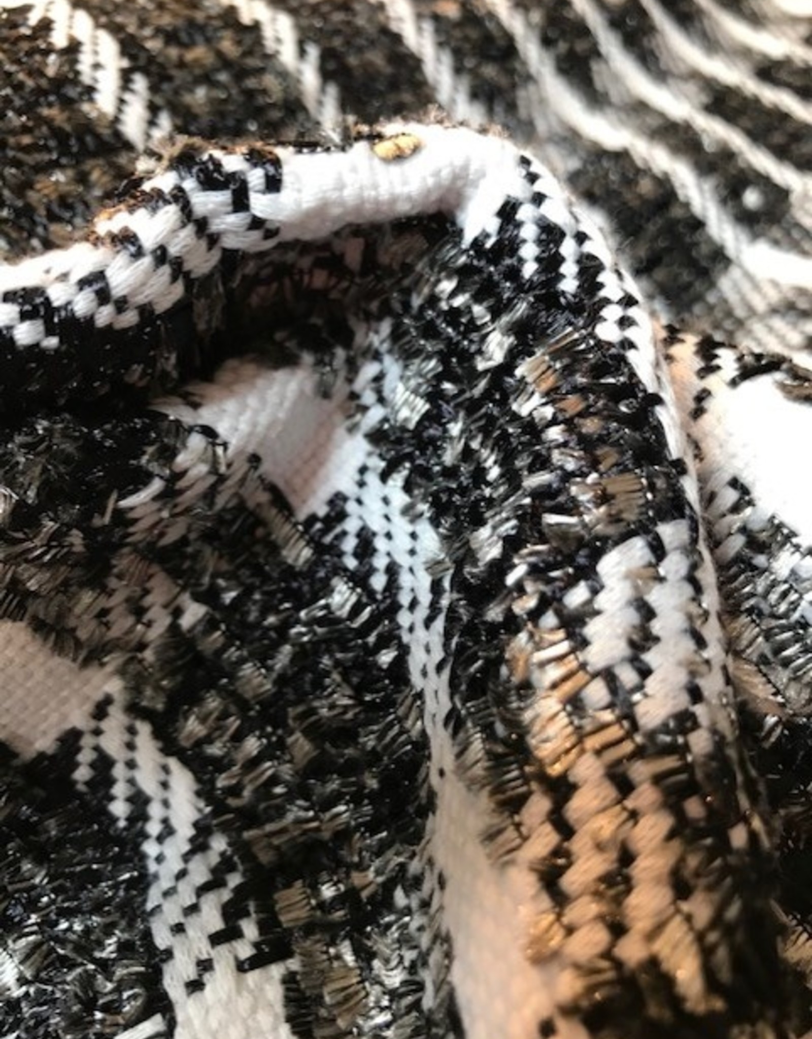 Tweed met pluches ruit/streep patroon zwart&wit