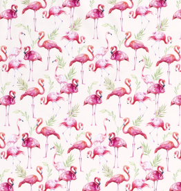 Katoenjersey digital print offwhite pink flamingo's