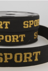 Elastiek mals zwart met tekst SPORT in glitter goud 32mm Elastiek mals zwart met tekst SPORT in glitter goud 32mm