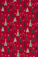 Katoen Popline Kerstbomen  - rood