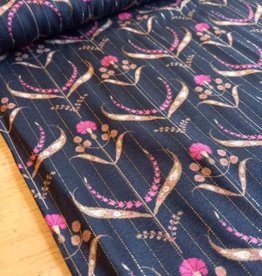 Viscose zwart met lurex gouden lijnen fuchsia print