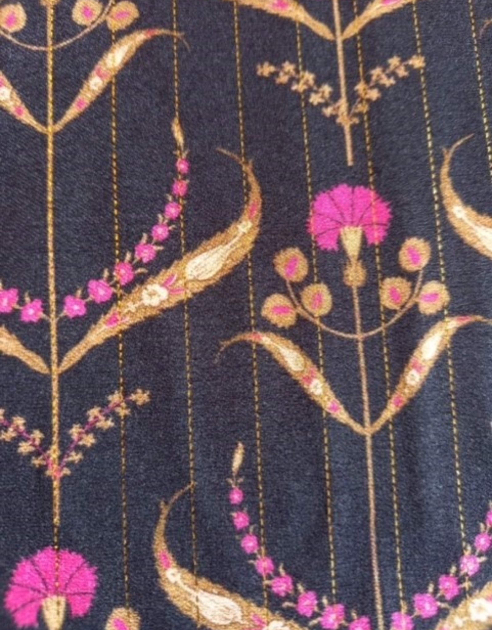 A La Ville Haute Couture Viscose zwart met lurex gouden lijnen fuchsia print