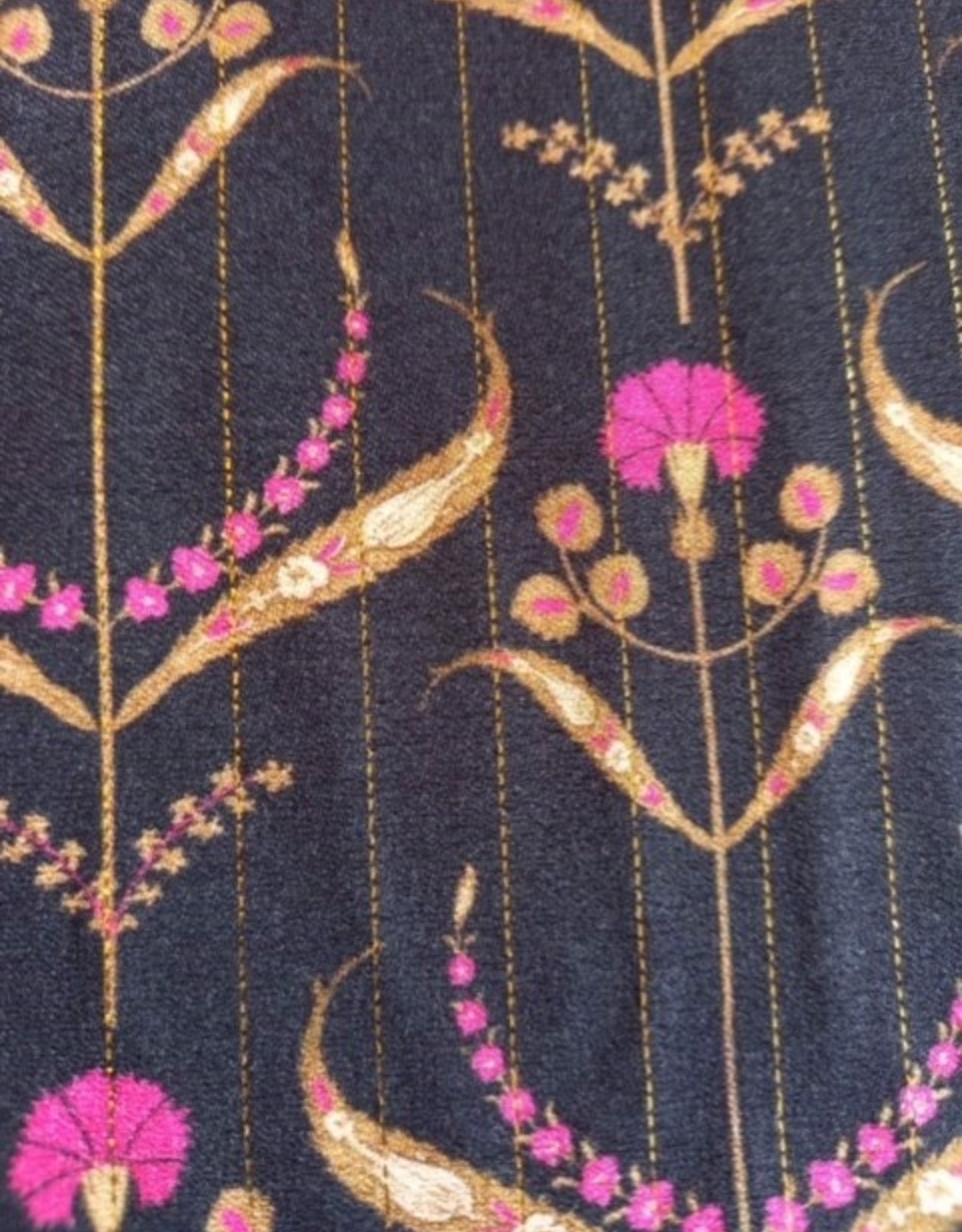 Viscose zwart met lurex gouden lijnen fuchsia print