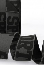 Stoffenschuur selectie Elastiek mals antraciet met tekst SPORT in zwart 32mm