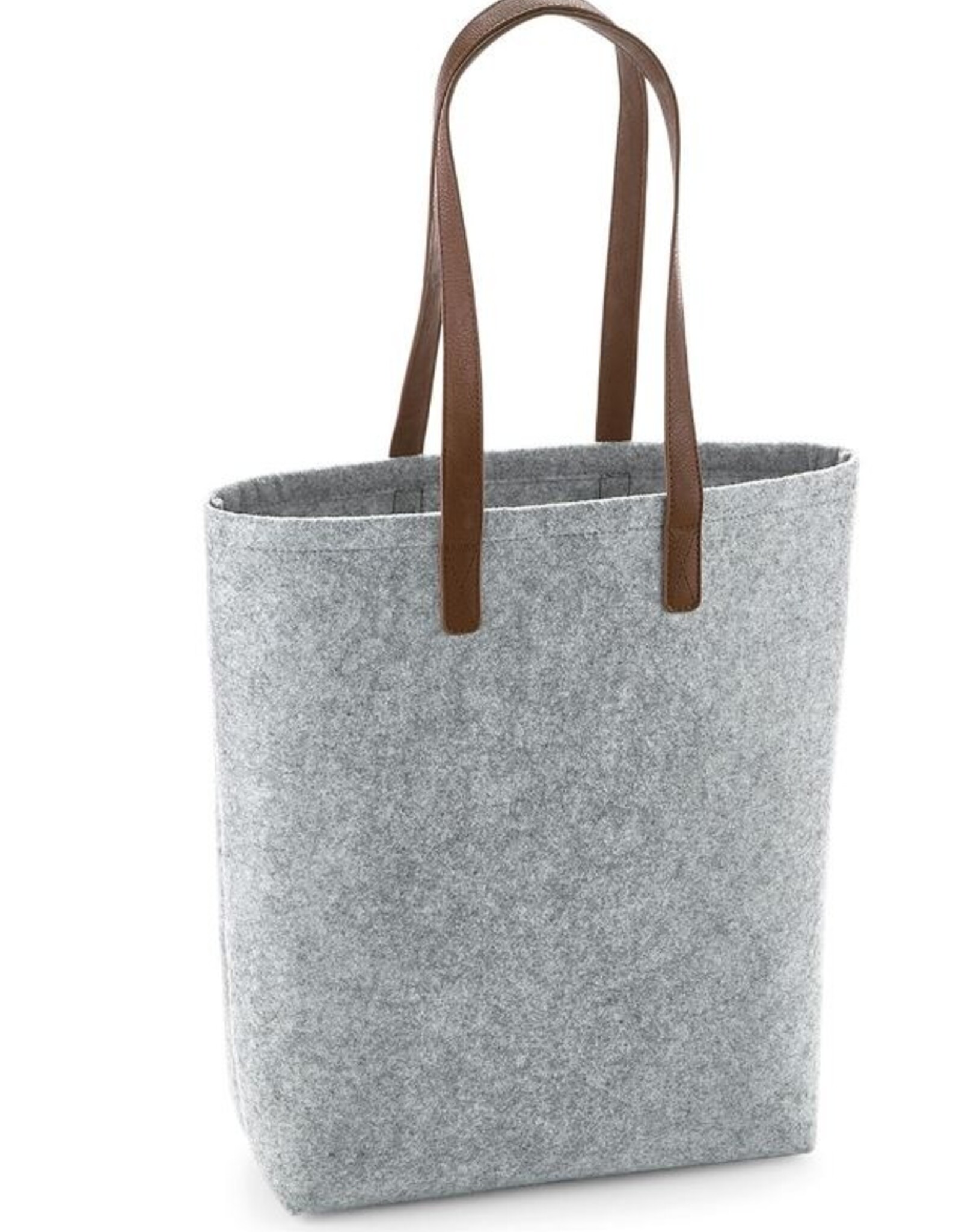 Tas in vilt lichtgrijs mélange met hengsel in nepleder cognac