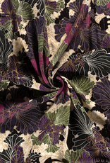 Stoffenschuur selectie Viscose met lurex grote bloemen zwart/fuchsia/paars/kaki