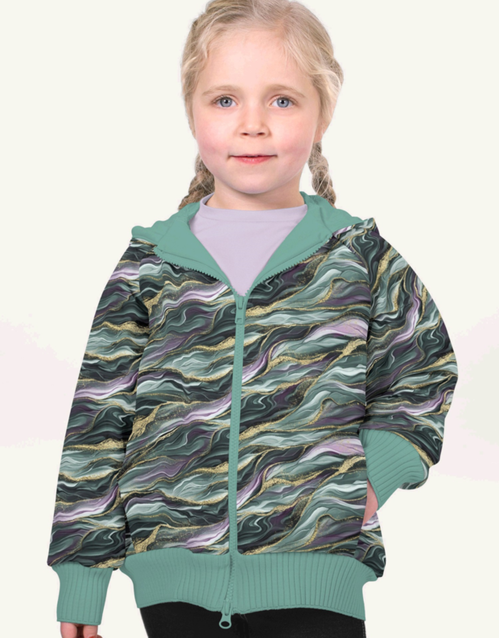 Softshell marmerlook groen/paars met goudlook