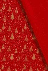 Katoen Popline Foil  gouden kerstboom Rood