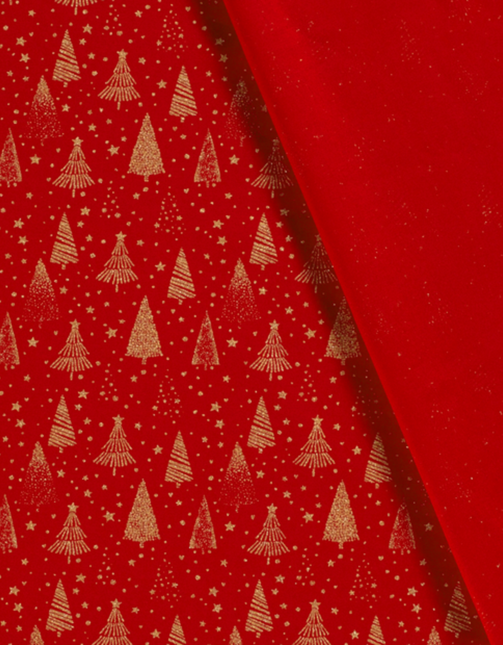 Katoen Popline Foil  gouden kerstboom Rood