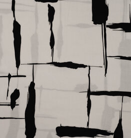 Stoffenschuur selectie Viscose met abstracte zwarte paint stripes black/white