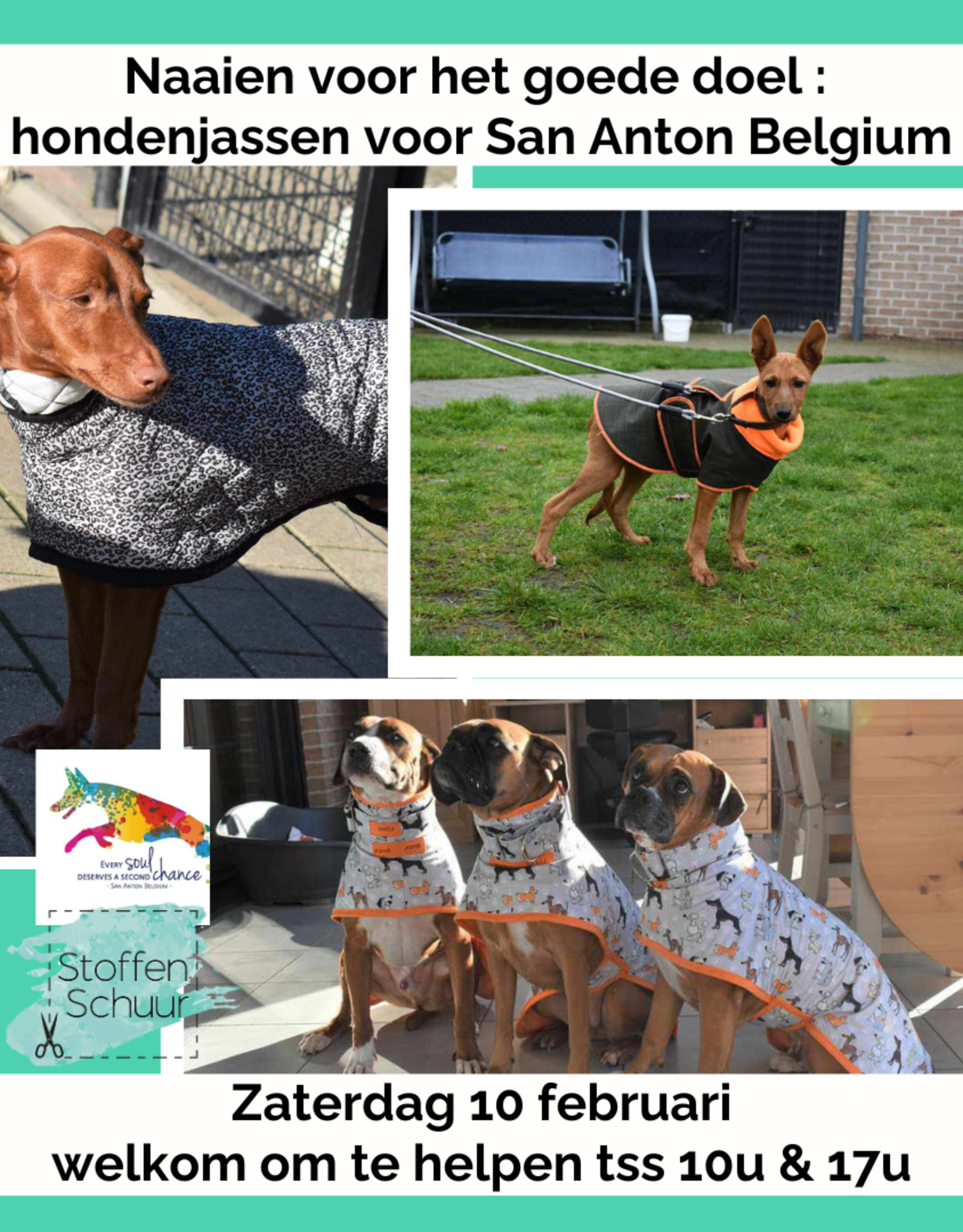 workshop Naaien voor het goede doel : hondenjassen voor San Anton Belgium