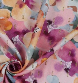 Stoffenschuur selectie Viscose Lurex aquarelle bloemen paars en oranje