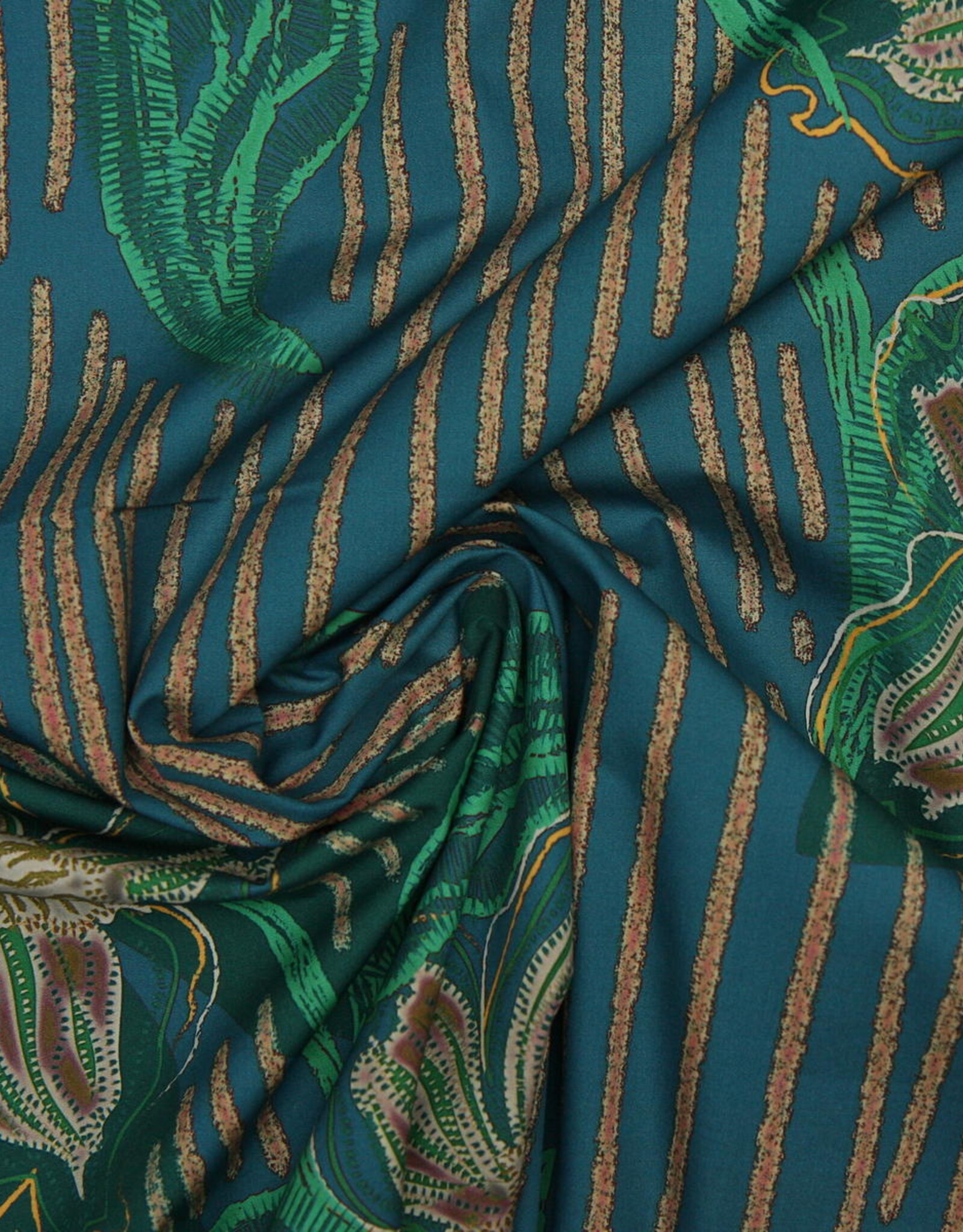 Marylène Madou Katoen Vertical Stripe / Flower - turquoise/groen