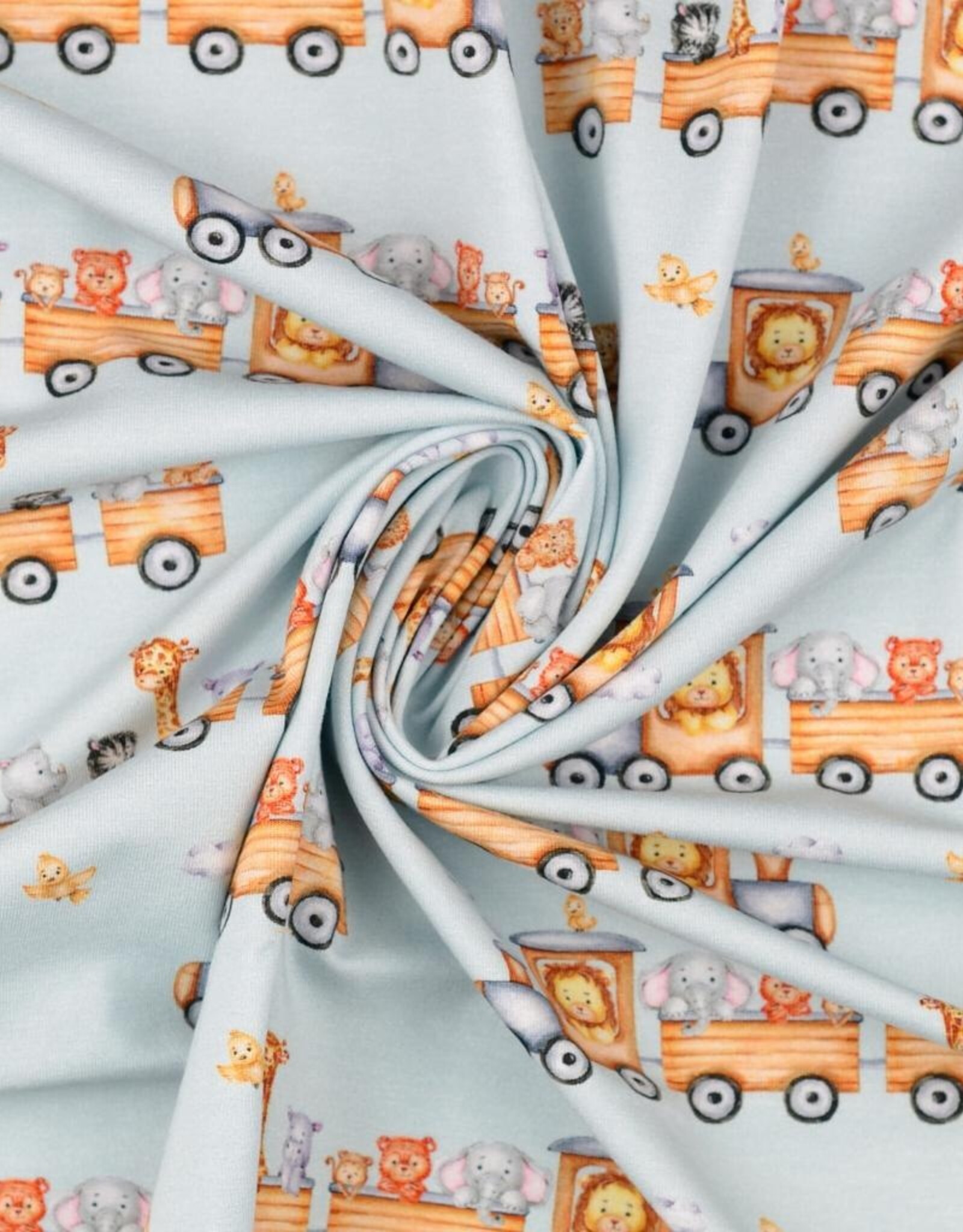 Jersey digitale print dierentrein lichtblauw