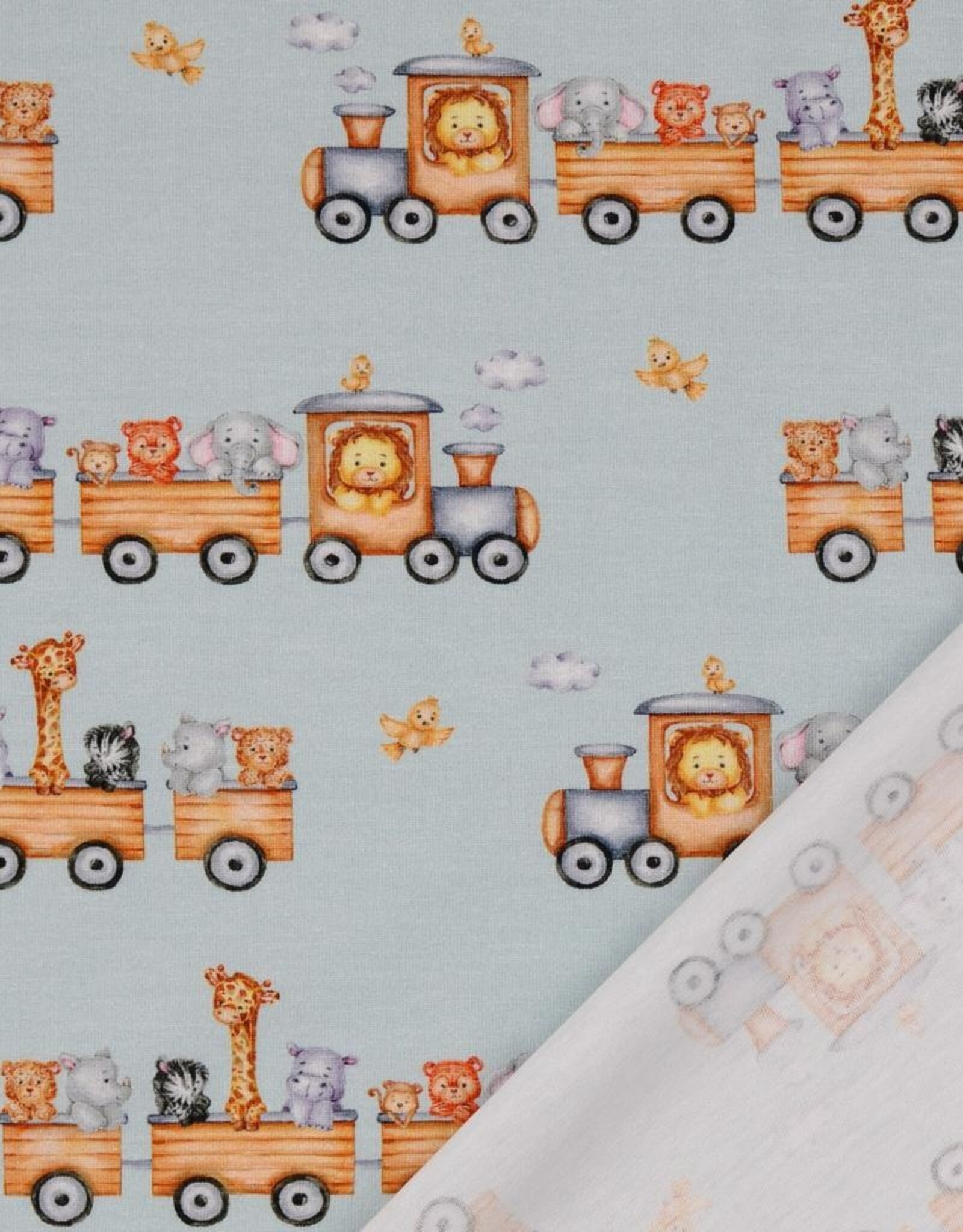 Jersey digitale print dierentrein lichtblauw