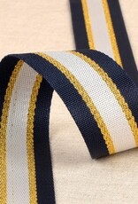 Stoffenschuur selectie Tassenband 40 mm navy - wit -lurex goud