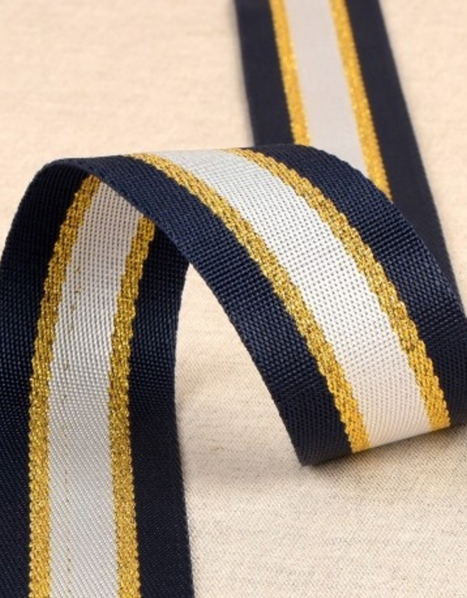 Tassenband 40 mm navy - wit -lurex goud